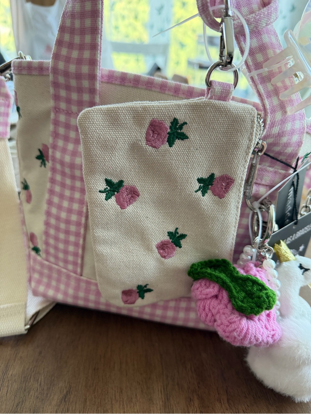 Madden Girl Pink & Cream Gingham Floral Embroidered Canvas Tote - Picture 2 of 9